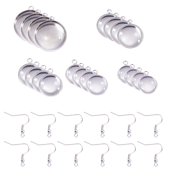 DIY Earring Making, with Iron Earring Hooks, Brass Pendant Bezel Cabochon Settings and Clear Glass Cabochons, Flat Round