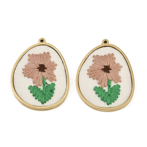 304 Stainless Steel & Embroidered Pendants, Oval with Flower Charms, Tan, Ion Plating(IP), Long-Lasting Plated
