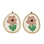 304 Stainless Steel & Embroidered Pendants, Oval with Flower Charms, Tan, Ion Plating(IP), Long-Lasting Plated