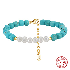 Synthetic Turquoise & Natural Freshwater Pearl & 925 Sterling Silver Beaded Bracelets for Women