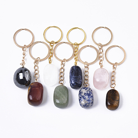 Gemstone Keychain, with Golden Plated Iron Split Key Rings, Nuggets