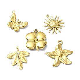Ion Plating(IP) 304 Stainless Steel Pendants, Real 18K Gold Plated, Sun/Starfish/Clover/Leaf/Butterfly Charm