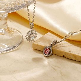 Brass Pave Cubic Zirconia Geometric Flat Round Pendant Necklaces, Silver Color Plated