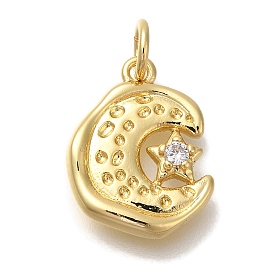 Rack Plating Brass Micro Pave Cubic Zirconia Pendants, Cadmium Free & Lead Free, Long-Lasting Plated, Moon with Star