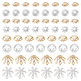 PANDAHALL ELITE 80Pcs 4 Styles 3 Colors Brass Bead Cap, Long-Lasting Plated, Multi-Petal Flower