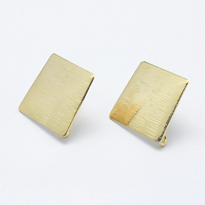 Brass Drawbench Stud Earring Findings, with Loop, Long-Lasting Plated, Real 18K Gold Plated, Nickel Free, Rhombus