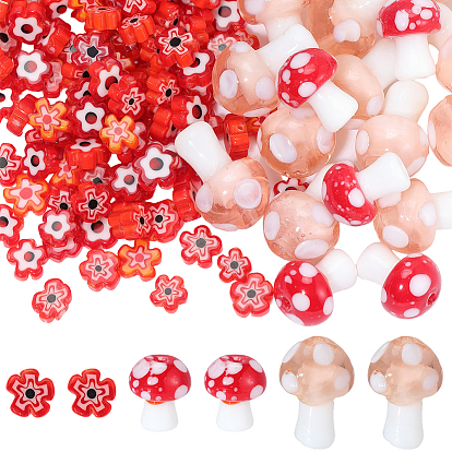 150шт. 3 стили: грибы и цветы, бусины ручной работы из стекла, изготовленные методом лэмпворк