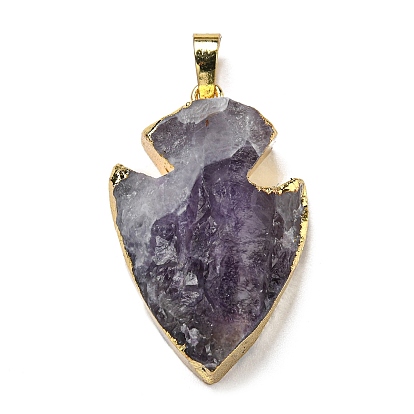 Natural Amethyst Pendants, Arrow Charms with Golden Tone Brass Findings, Cadmium Free & Lead Free