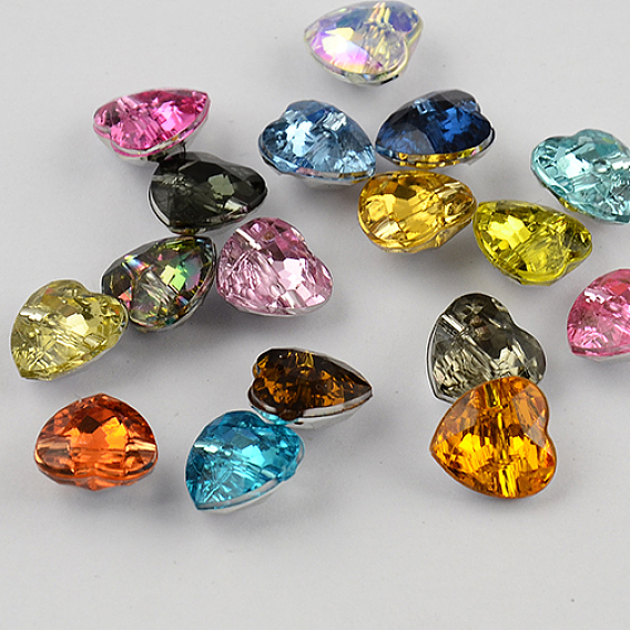 1-Hole Taiwan Acrylic Rhinestone Heart Buttons, Faceted & Silver Plated Pointed Back