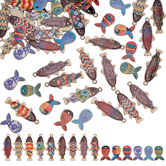 60 шт 15 стили подвески из сплава эмали, очарование рыбы, золотые