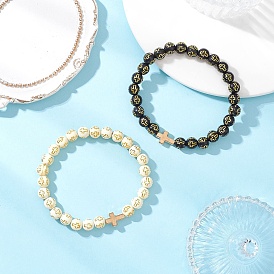 2шт 2 цвета покрытие акриловые круглые бусины эластичные браслеты для мужчин и женщин, крестик, с CCB пластиковые шарики