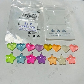 15Pcs 15 Styles Luminous Transparent Resin Pendants, Glow in the Dark Heart & Star Charms, with Stainless Steel Color Plated 304 Stainless Steel Loops