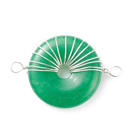 Charmes de connecteur de jade de malaisie naturelle, avec fil de cuivre argenté enroulé, disque de donut / pi