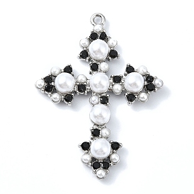 Rack Plating Alloy with ABS Imitation Pearl Pendants, with Rhinestone, Cross