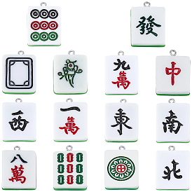 14 Stück 14 Stile Harzanhänger, Mahjong, mit Platin-Eisenschlaufe