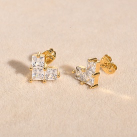 Brass Micro Pave Clear Cubic Zirconia Stud Earrings for Women, Heart