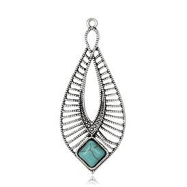 Teardrop Antique Silver Plated Alloy Synthetic Turquoise Big Pendants, Dyed, 61x26x6mm, Hole: 2mm