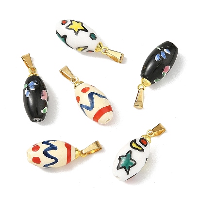Handmade Porcelain Pendants, Hand Painted, Oval with Floral & Star & Line Pattern Charms, Golden