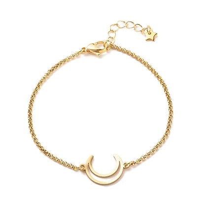 201 Stainless Steel Crescent Moon Link Bracelet with 304 Stainless Steel Box Chains for Women