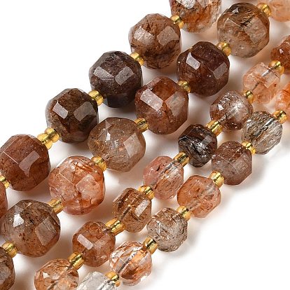 Natural Black Gold Rutilated Quartz Beads Strands, Faceted Table Cut Cube Beads, with Seed Beads
