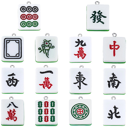 14 Stück 14 Stile Harzanhänger, Mahjong, mit Platin-Eisenschlaufe