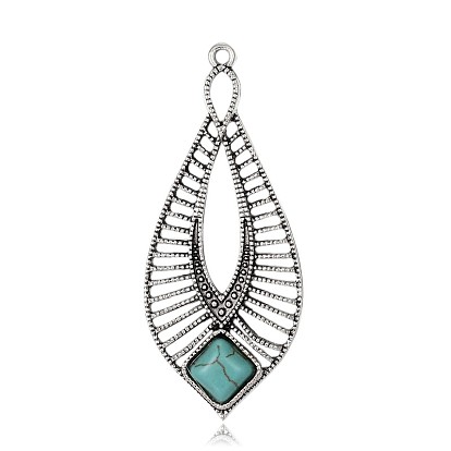 Teardrop Antique Silver Plated Alloy Synthetic Turquoise Big Pendants, Dyed, 61x26x6mm, Hole: 2mm