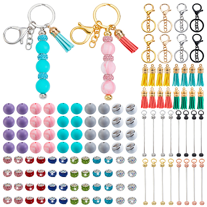 DIY-Schmuck-Schlüsselanhänger-Sets, einschließlich Schlüsselbundverschlüsse aus Legierung, Schlüsselanhänger aus Eisenstange mit Perlen, Silikonperlen, Strassperlen im europäischen Stil und Quastenanhänger
