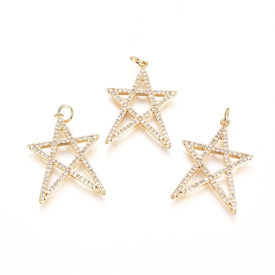 Brass Micro Pave Cubic Zirconia Pendants, with Jump Ring, Long-Lasting Plated, Star, Golden
