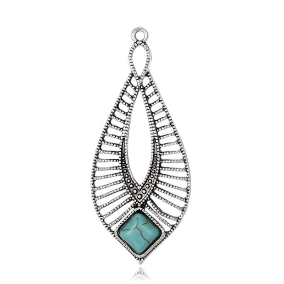 Teardrop Antique Silver Plated Alloy Synthetic Turquoise Big Pendants, Dyed, 61x26x6mm, Hole: 2mm