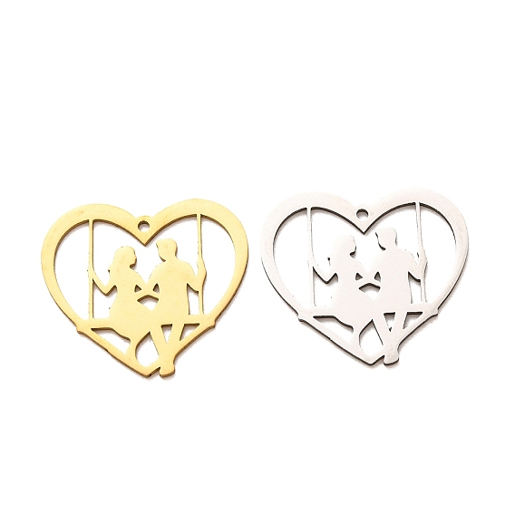 Valentine's Day 201 Stainless Steel Pendants, Heart with Couple on Swing Charms, Laser Cut, Cut-Out