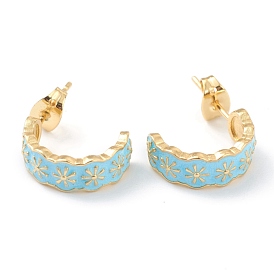 Semicircular Brass Enamel Half Hoop Earrings, with Ear Nuts, Daisy, Sky Blue