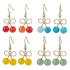 4 Pairs 4 Styles Gemstone Bead Cherry Dangle Earrings, with Brass Earring Hooks, Golden