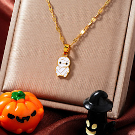 Stainless Steel Enamel Halloween Mummy Pendant Dapped Chain Necklaces, Golden