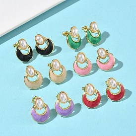 Овальные серьги-гвоздики с плоскими круглыми латунными эмалированными элементами, с пластмассовой жемчужиной abs, стойки покрытие, без кадмия и без свинца, долговечный, золотые