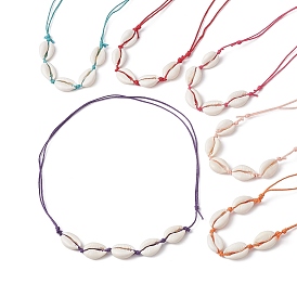 6Pcs 6 Color Natural Cowrie Shell Beaded Necklaces Set for Women, Waxed Cotton Cord Adjustable Necklaces