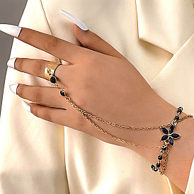 Bracelet anneau à maillons fleur en verre noir, bracelet à pampilles en chaînes en alliage avec anneau de manchette ouvert