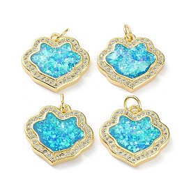 Rack Plating Brass Micro Pave Cubic Zirconia Pendants, Synthetic Opal Lock Charms with Jump Ring, Cadmium Free & Lead Free, Long-Lasting Plated, Real 18K Gold Plated