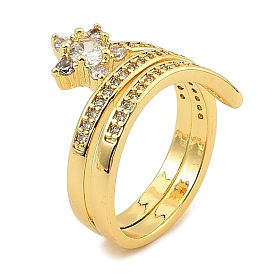 Rack Plating Brass Micro Pave  Clear Cubic Zirconia Rings for Women, with Glass, Star