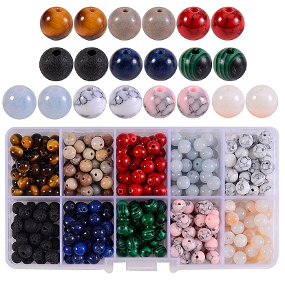 400Pcs 10 Style Natural & Synthetic Gemstone Beads Strands, Dyed, Round