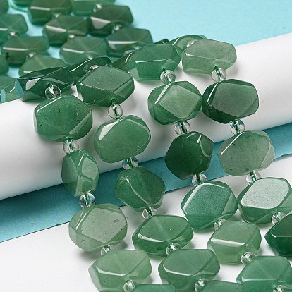 Natural Green Aventurine Beads Strands, with Seed Beads, Faceted Rectangle