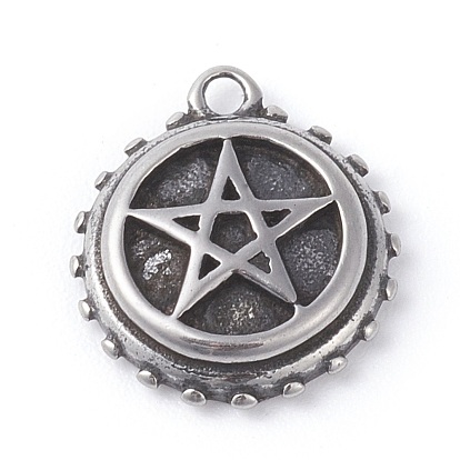 316 Surgical Stainless Steel Pentacle Charms, Flat Round with Star