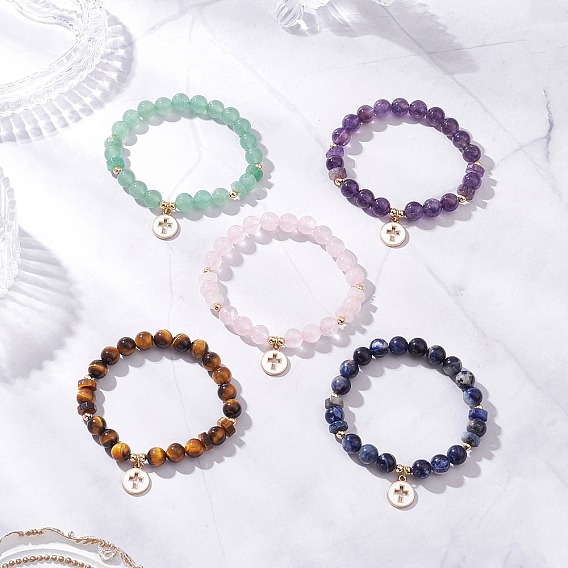 Сплав эмалевые подвески браслеты, браслеты из бисера из натуральных драгоценных камней для мужчин и женщин, плоские круглые с крестом