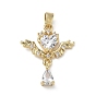 Brass Micro Pave Clear Cubic Zirconia Pendants, Wing with Heart Charms