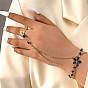 Black Glass Flower Link Ring Bracelet, Alloy Chains Tassel Bracelet with Open Cuff Ring