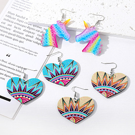Colorful Printed Acrylic Heart Earrings with Cartoon Rainbow Unicorn Design