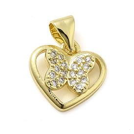 Rack Plating Brass Micro Pave Clear Cubic Zirconia Charms, Long-Lasting Plated, Cadmium Free & Lead Free, Heart with Butterfly Charm