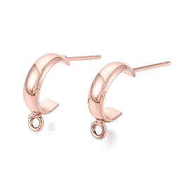 Brass Stud Earring Findings, Half Hoop Earrings, with Loop and Steel Pins, Long-Lasting Plated, Real Rose Gold Plated