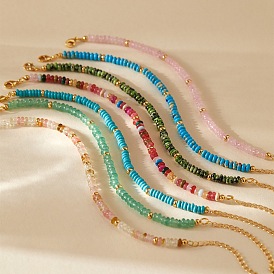 Handmade Gemstone Rondelle Beaded Bracelets with 304 Stainless Steel End Chains, Real 18K Gold Plated