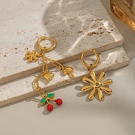 304 обруч серьги из нержавеющей стали эмаль, цветок и вишня с грибами, ионное покрытие (ip), без кадмия, без никеля и без свинца, слева и справа