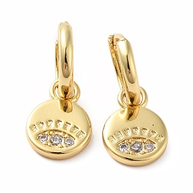 Boucles d'oreilles créoles pendantes plates rondes en zircon cubique avec mauvais œil, bijoux en laiton plaqué or véritable 18k pour femmes, sans plomb et sans cadmium
